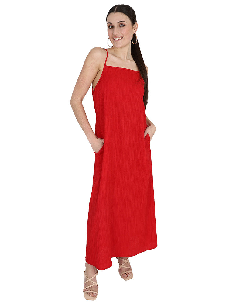 Red Square Neck Strappy Maxi Dress