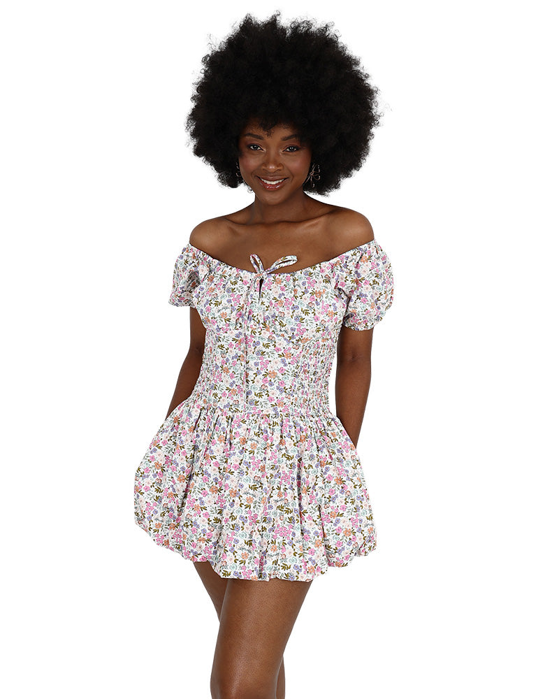 Labella Shirred Floral Short Mini Bubble Dress