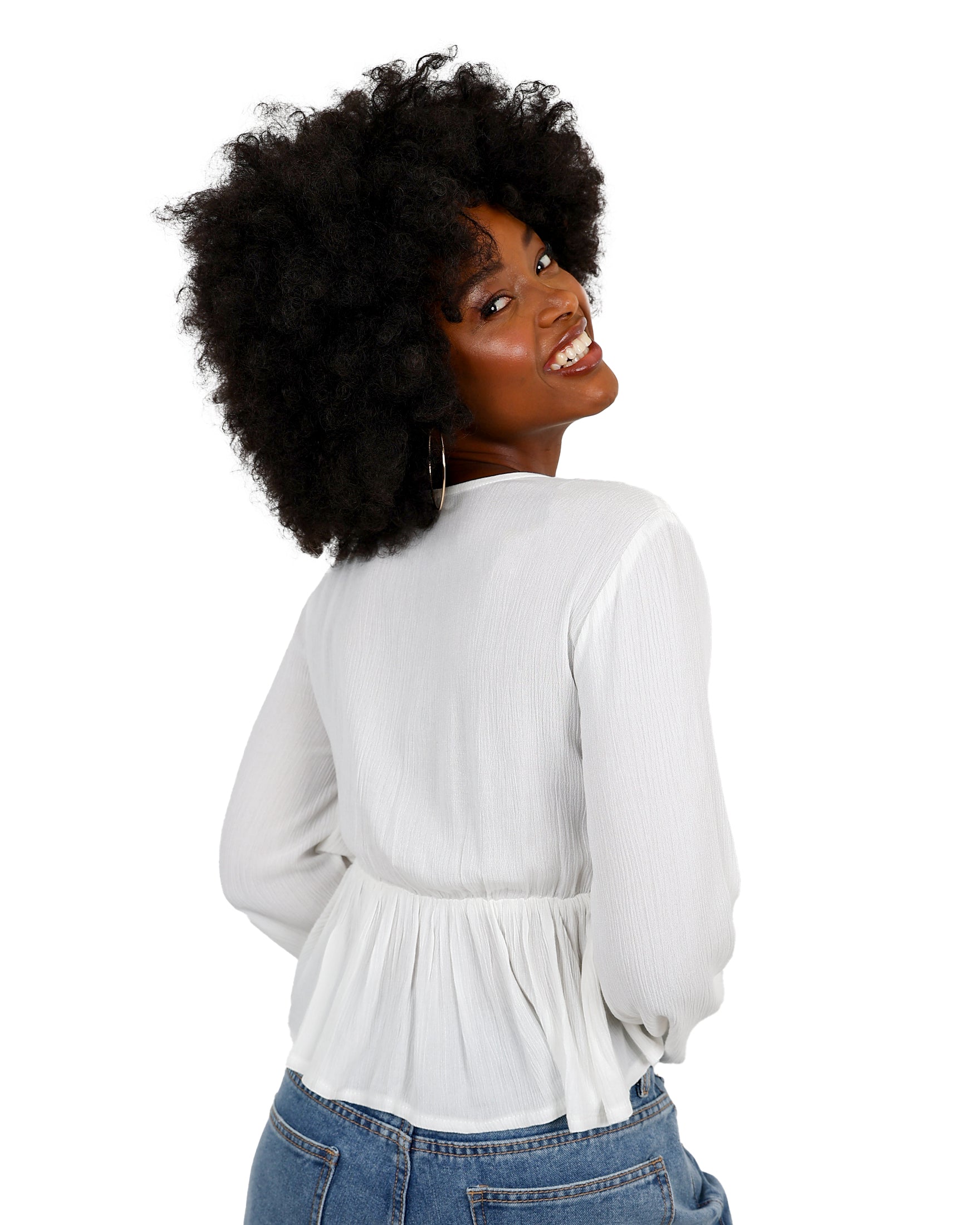 Long Sleeve Smocked Detail Peplum Blouse