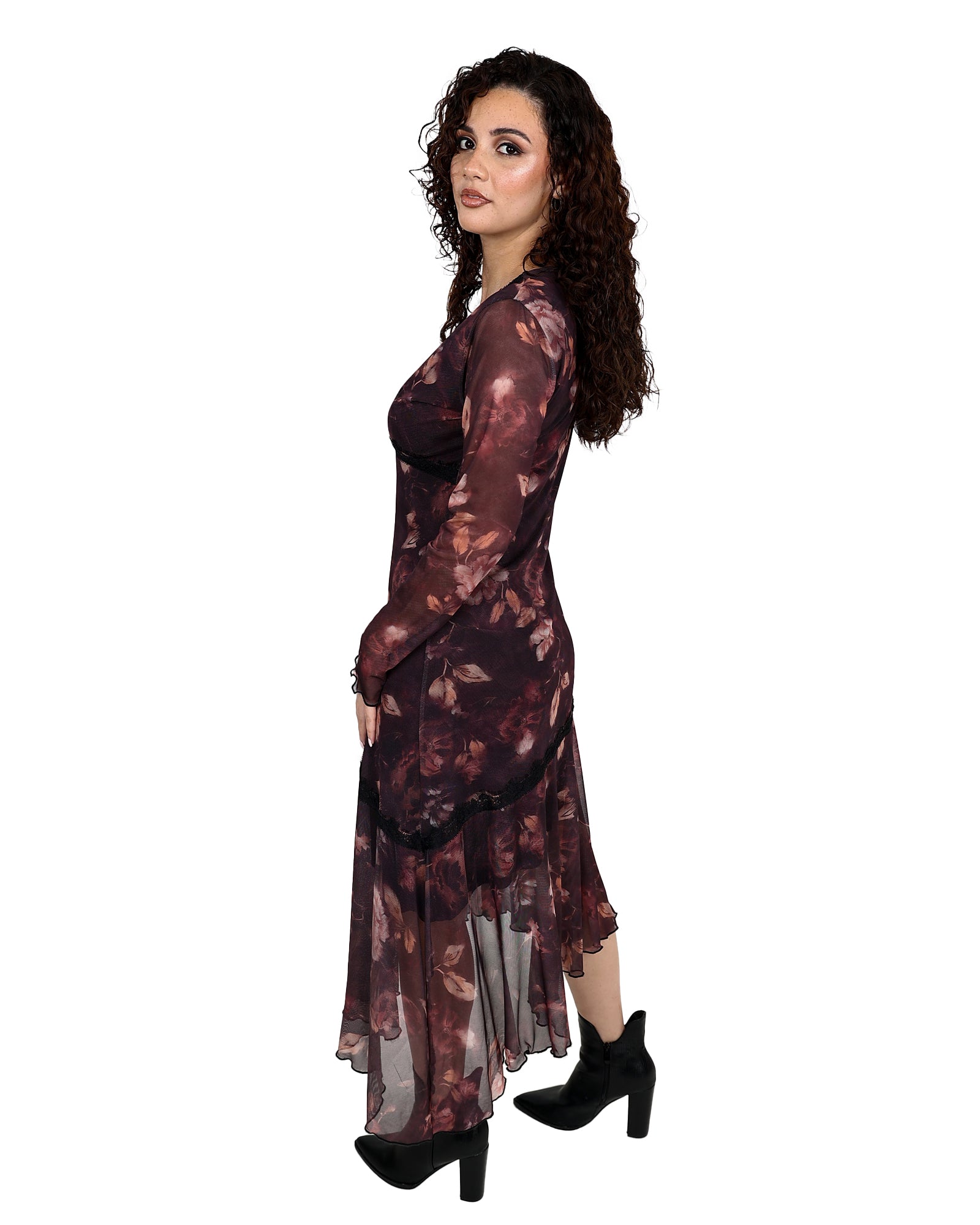 Moody Plum Floral Asymmetrical Midi Mesh Dress