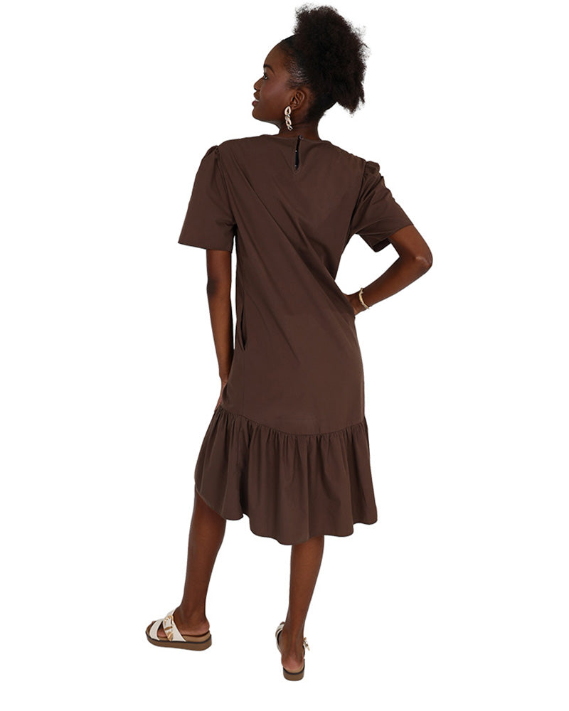 Short Sleeve Chocolate Knee Length Frill Detail Dress