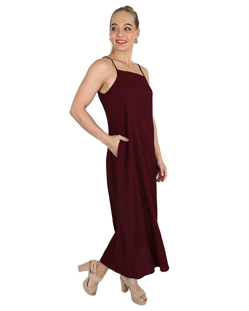 Burgundy Square Neck Strappy Maxi Dress