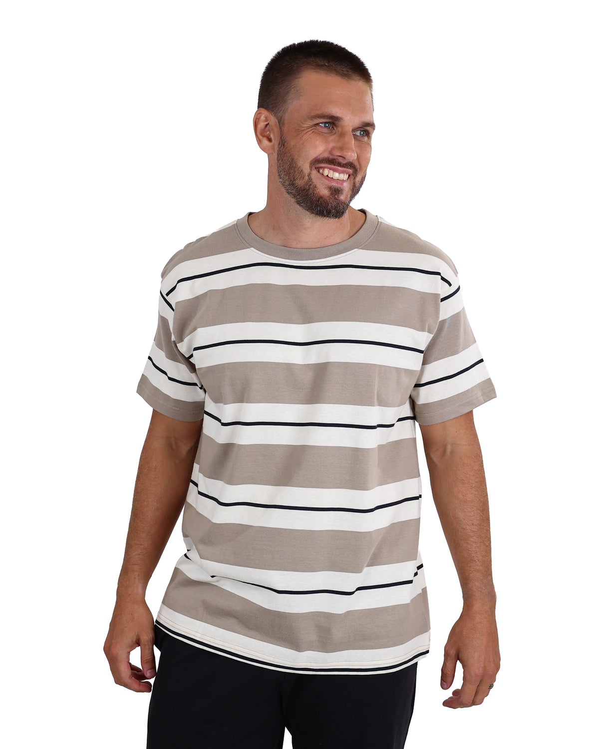 Short Sleeve Taupe Wide Stripe Yarn-Dyed T-Shirt