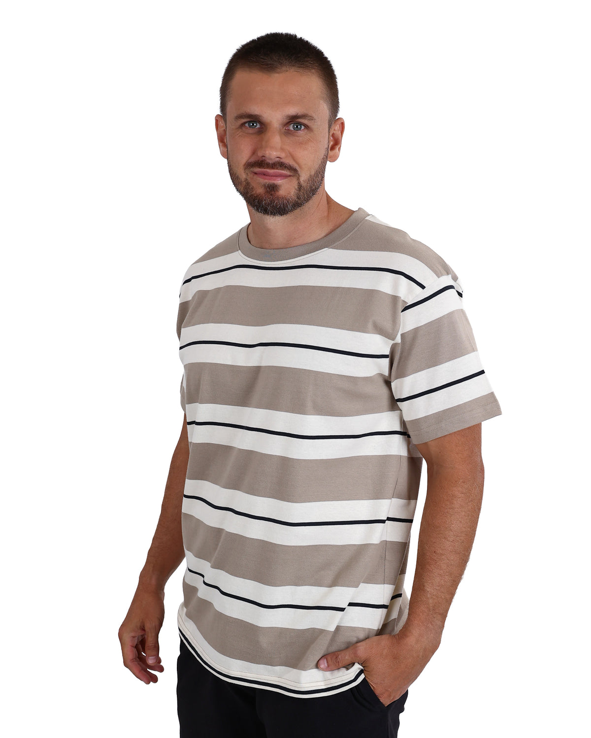 Short Sleeve Taupe Wide Stripe Yarn-Dyed T-Shirt