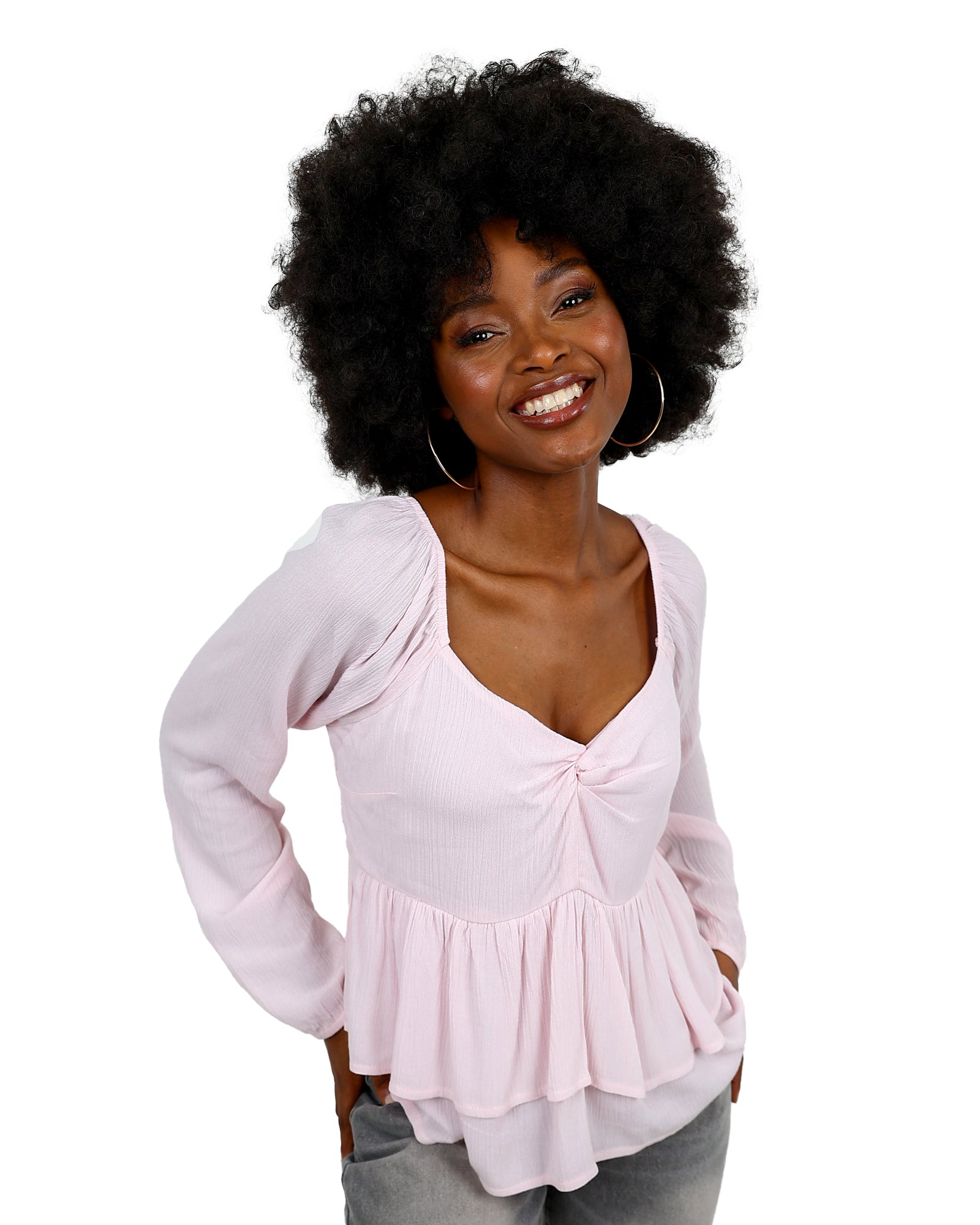 Long Sleeve Knot Detail Peplum Blouse