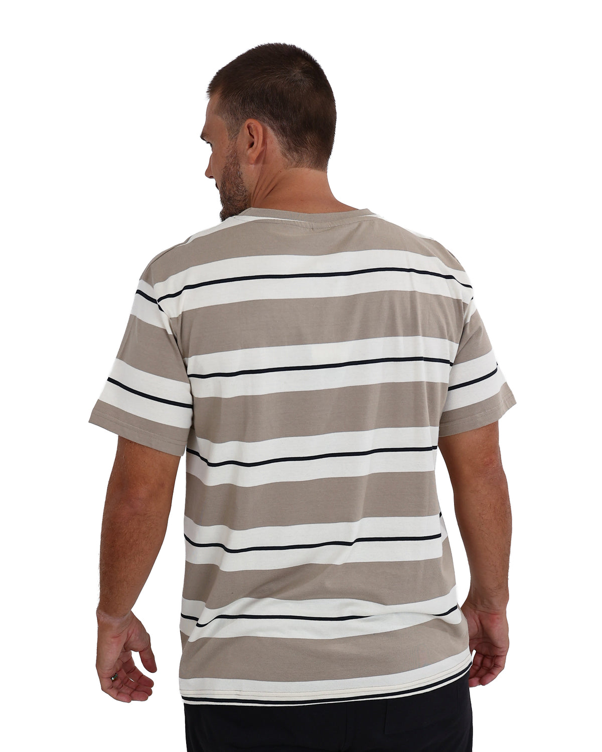 Short Sleeve Taupe Wide Stripe Yarn-Dyed T-Shirt