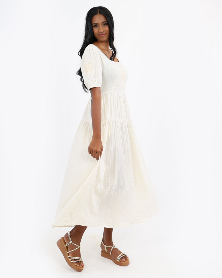 Short Puff Sleeve Prairie Cotton Tiered Maxi Dress