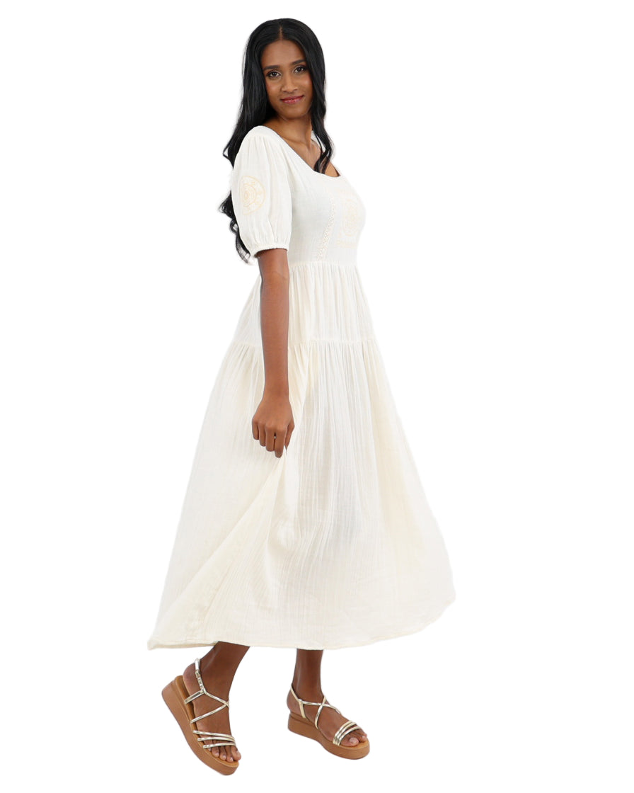 Short Puff Sleeve Prairie Cotton Tiered Maxi Dress