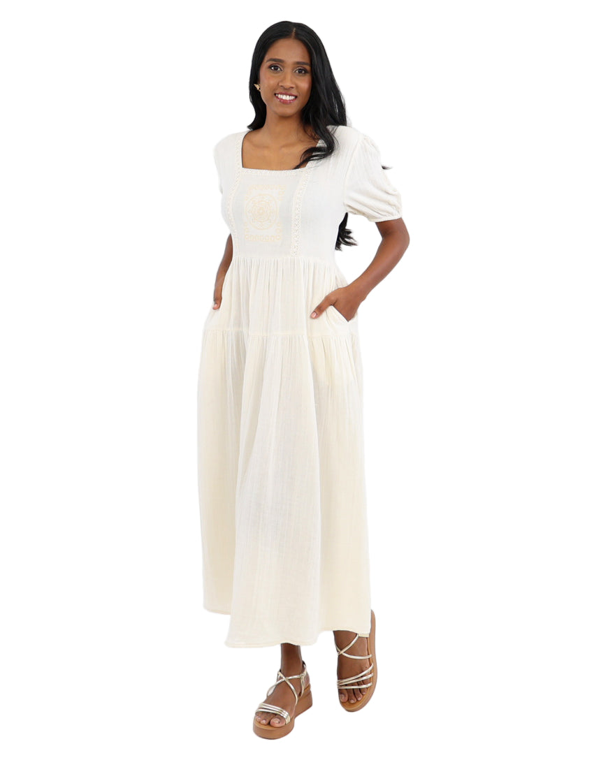 Short Puff Sleeve Prairie Cotton Tiered Maxi Dress