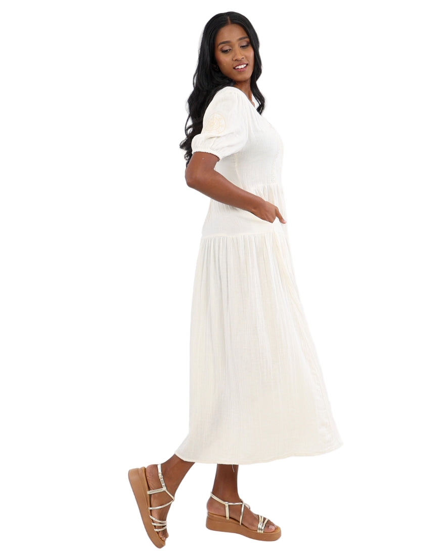 Short Puff Sleeve Prairie Cotton Tiered Maxi Dress