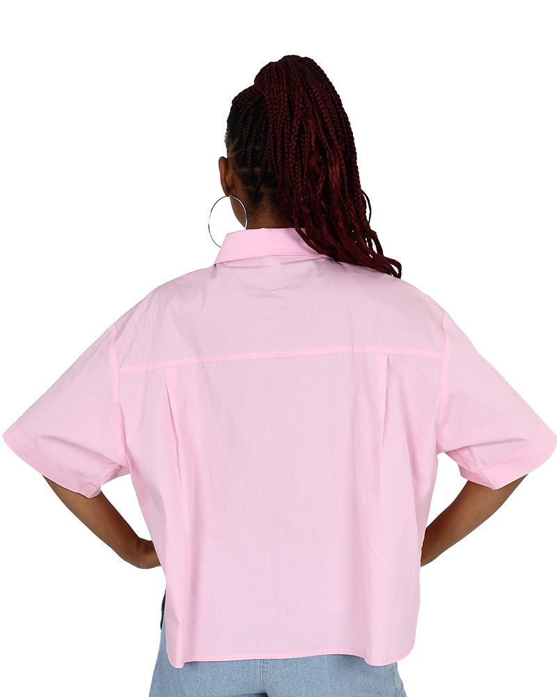 Short Sleeve Pink Oversized High Low Cotton Shirt