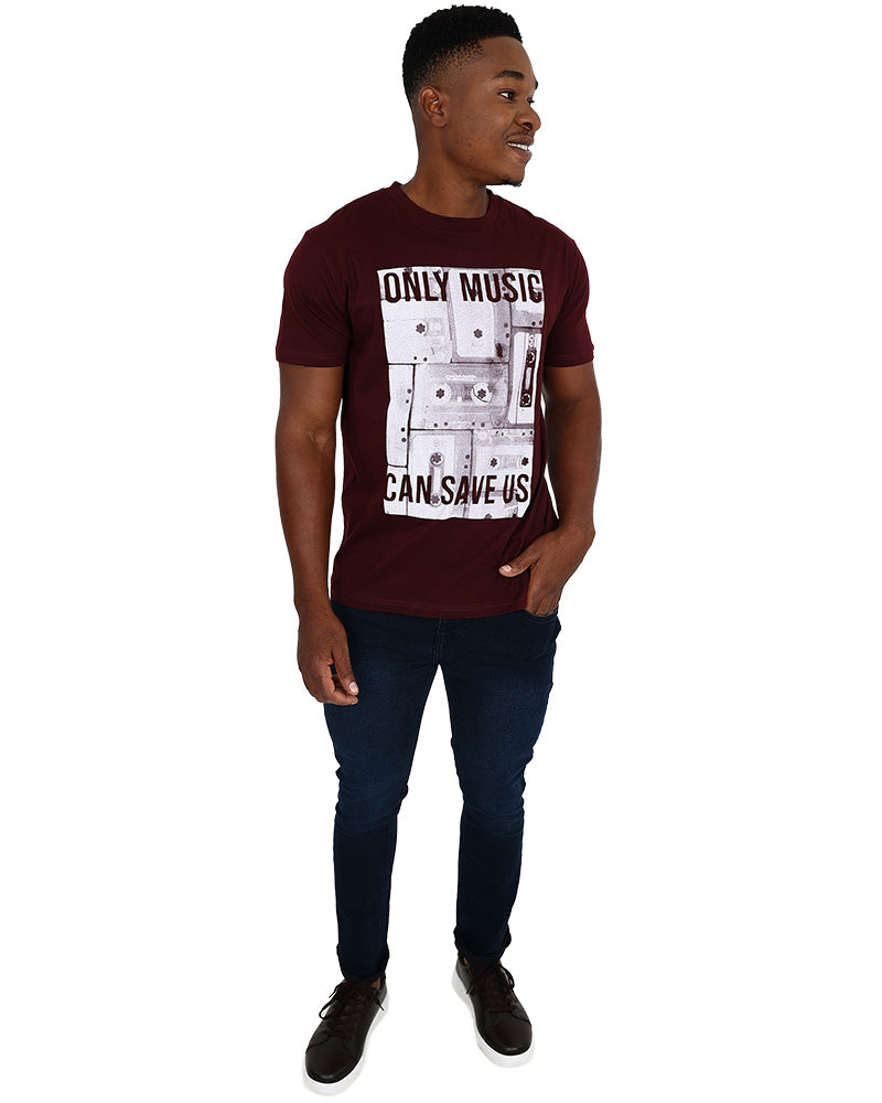 Short Sleeve Burgundy Record Shop Graphic T-Shirt