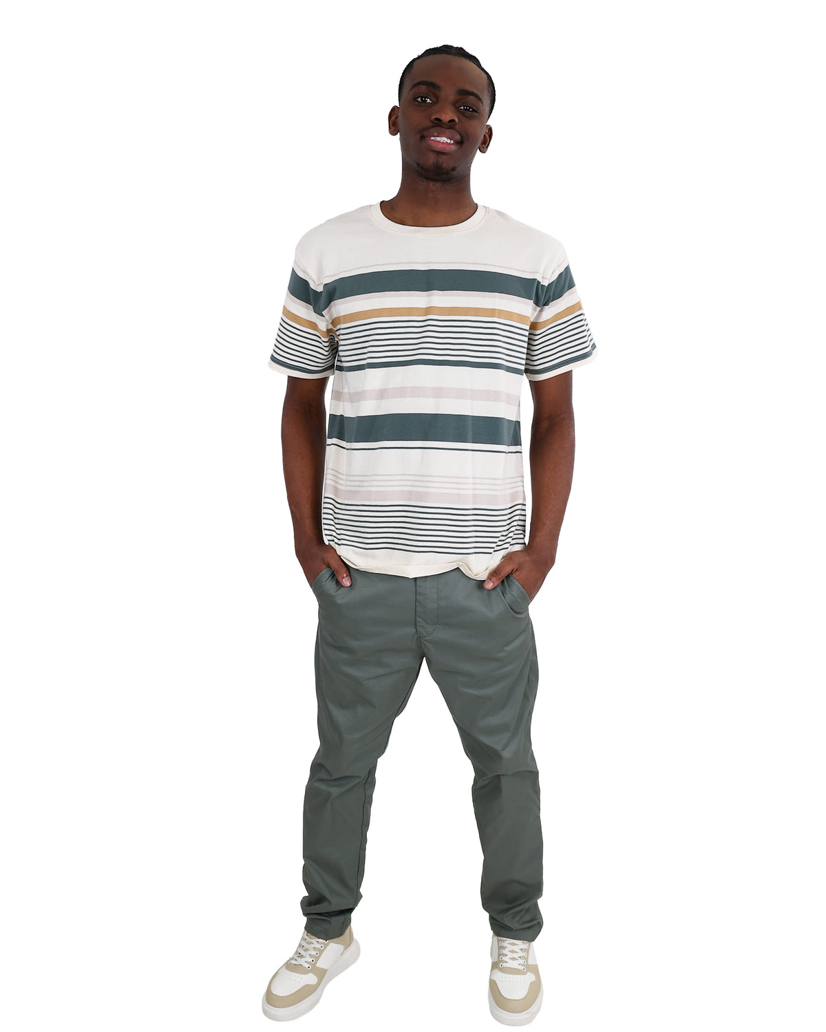 Short Sleeve Cream Striped Cotton T-Shirt