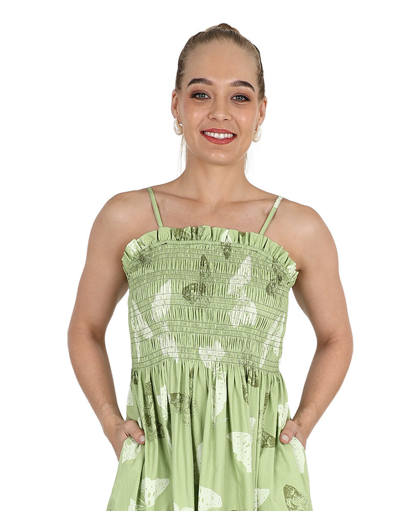 Strappy Smocked Printed Midi Dress
