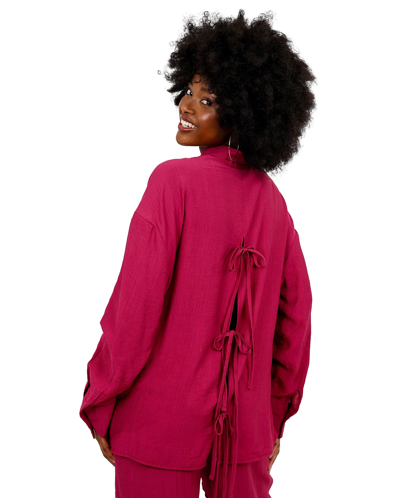 Long Sleeve Grape Open Tie Back Shirt