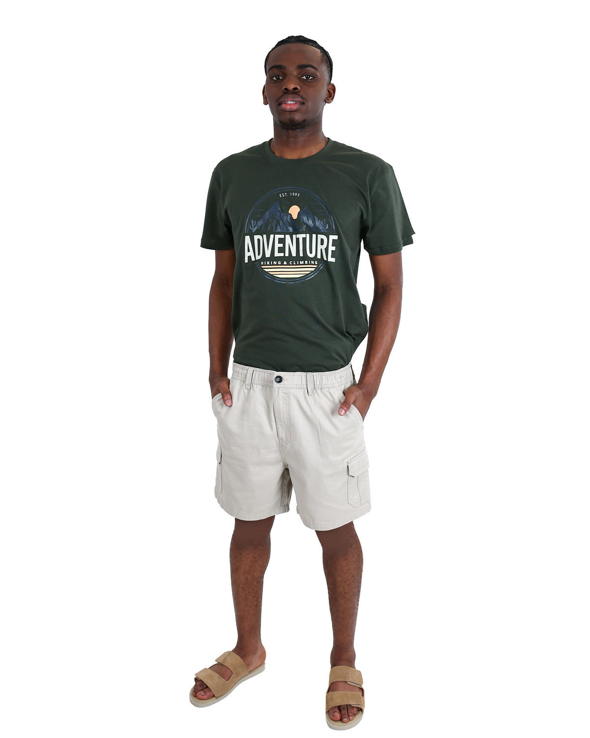Stone Elasticated Cotton Cargo Shorts