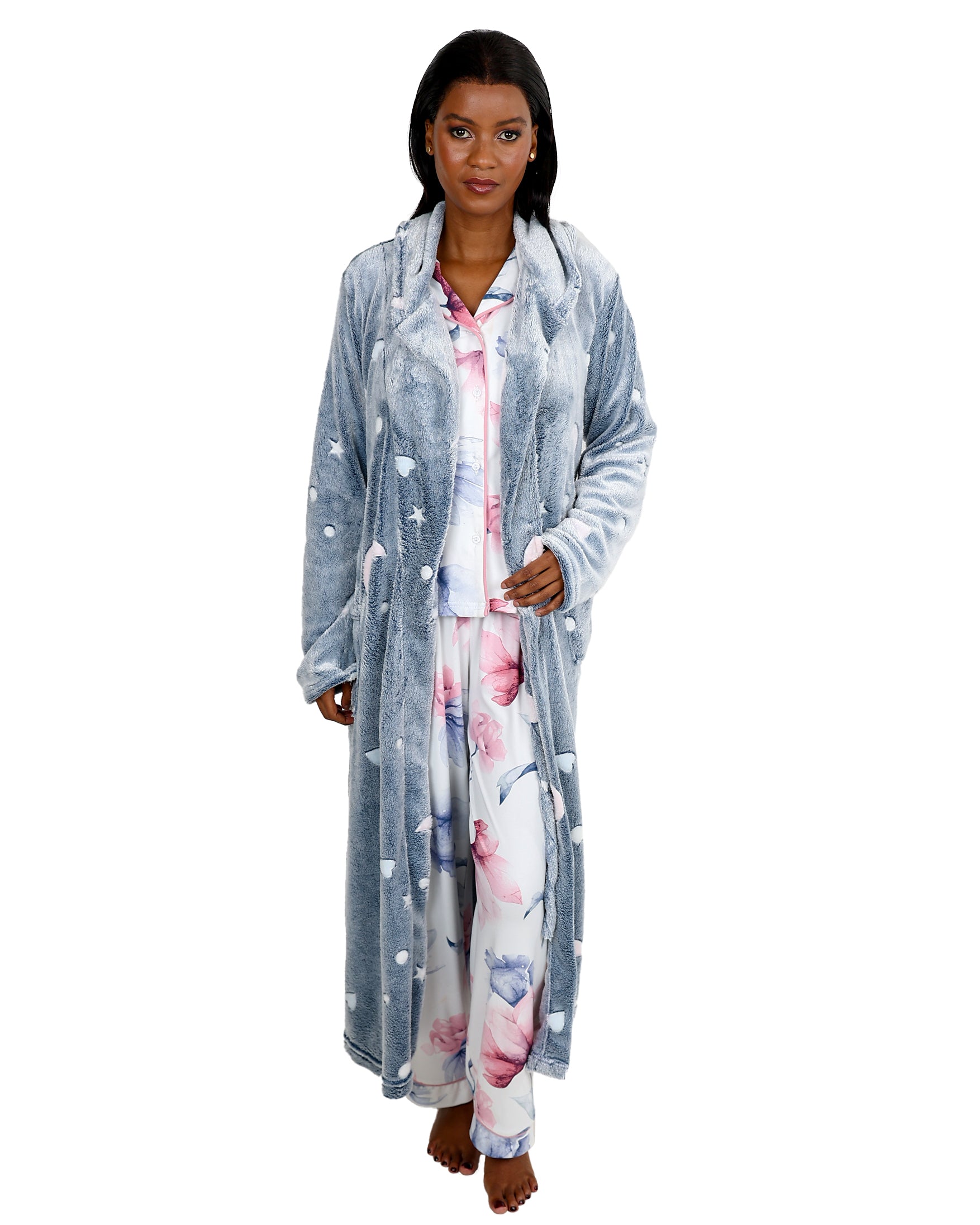 Long Sleeve Hooded Grey Coral Fleece Moon & Star Gown