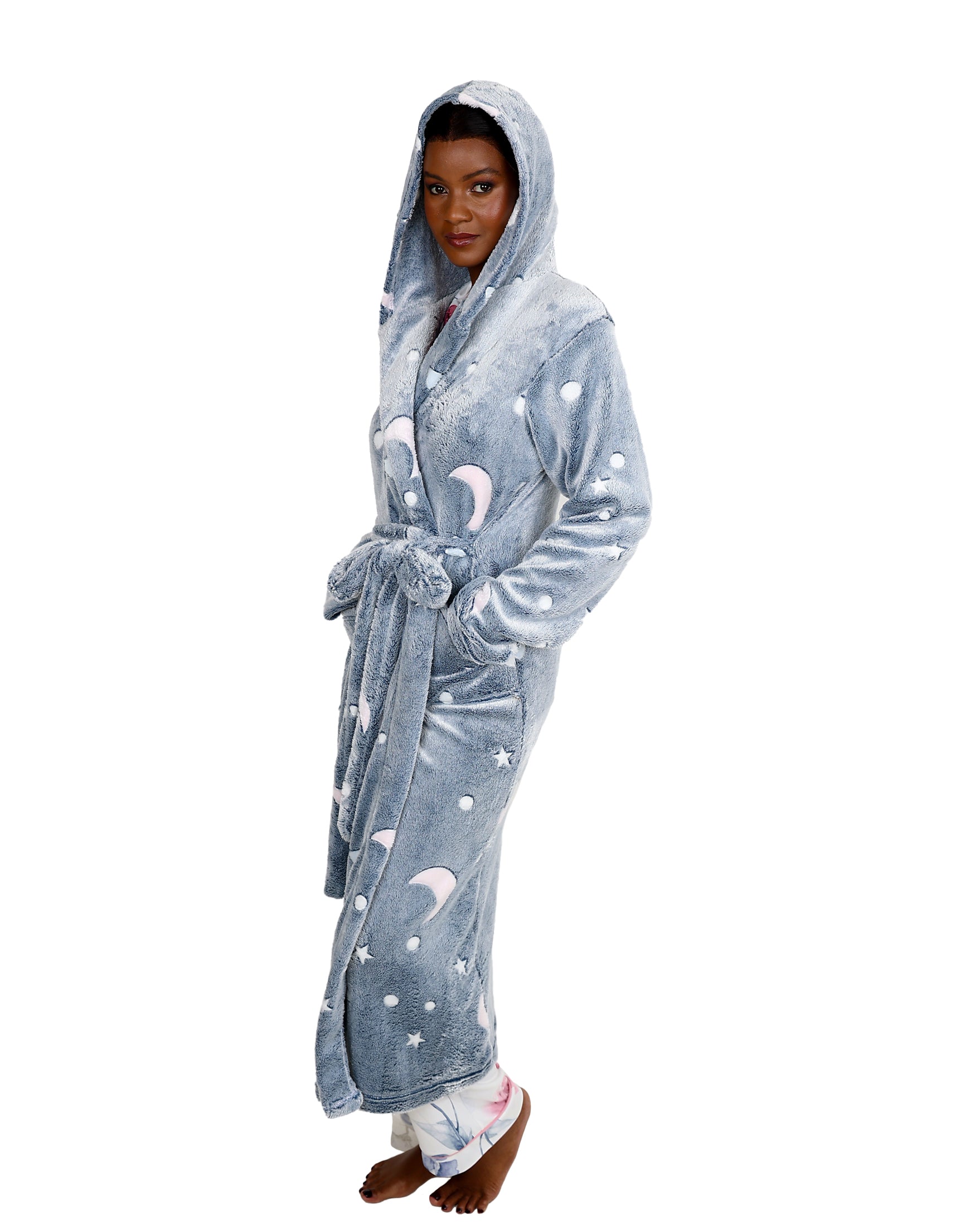 Long Sleeve Hooded Grey Coral Fleece Moon & Star Gown