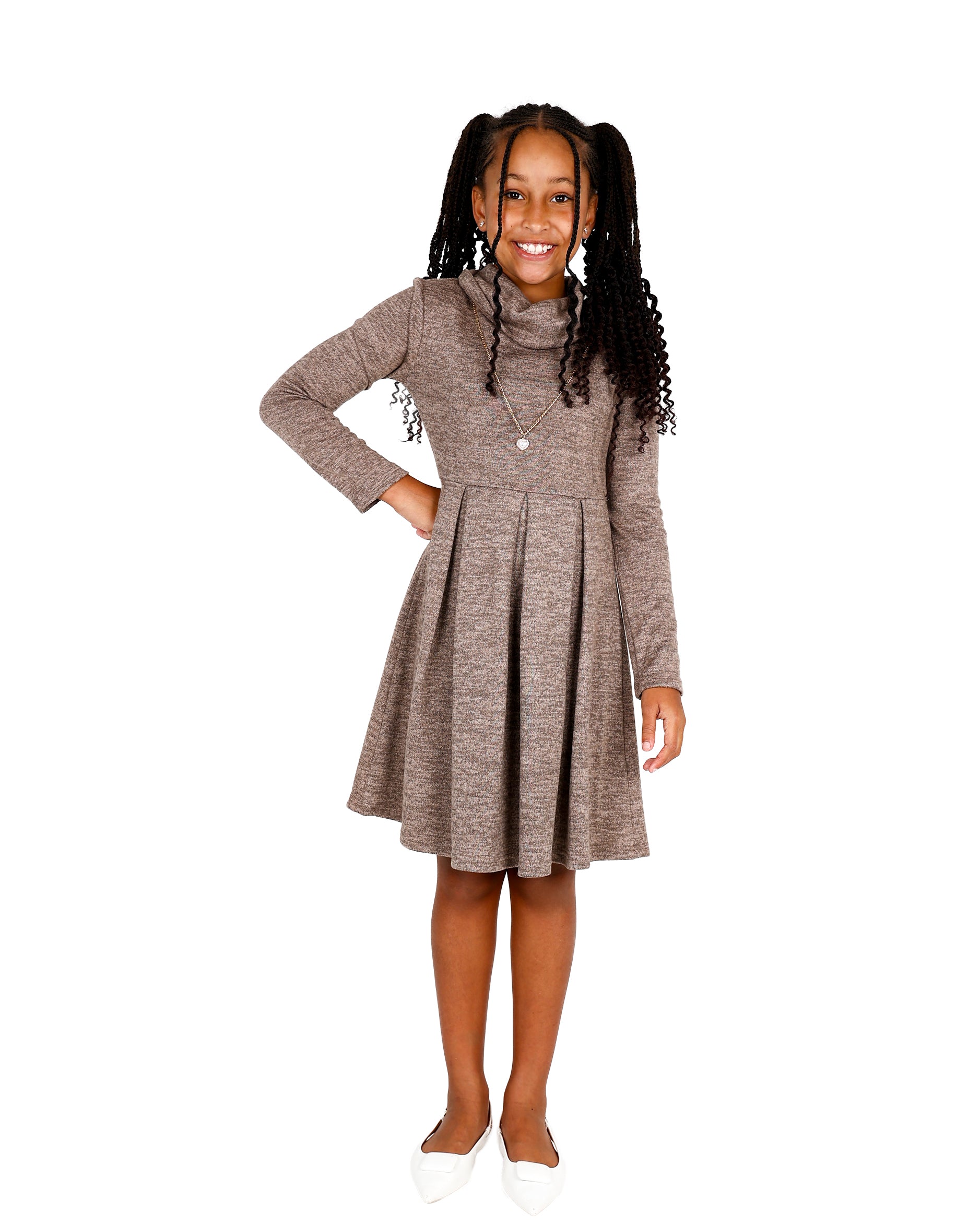 Long Sleeve Cowl Neck Pleated Knit Dress