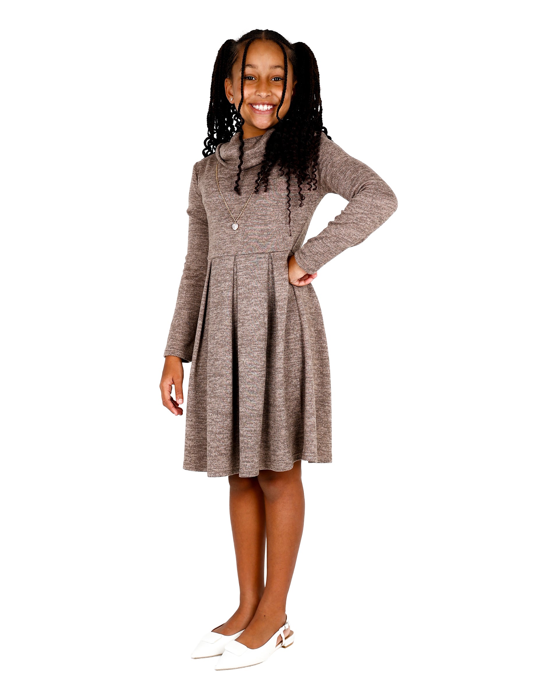 Long Sleeve Cowl Neck Pleated Knit Dress