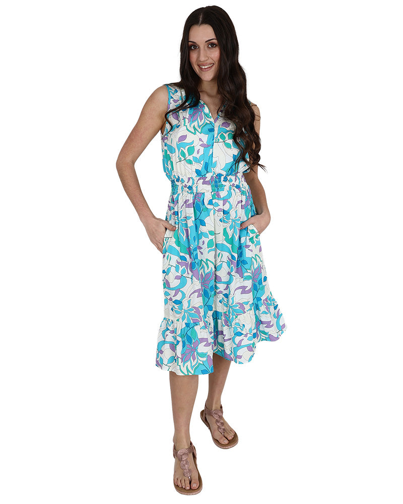 Sleeveless Aqua Leaf Print Smocked Waist Dress