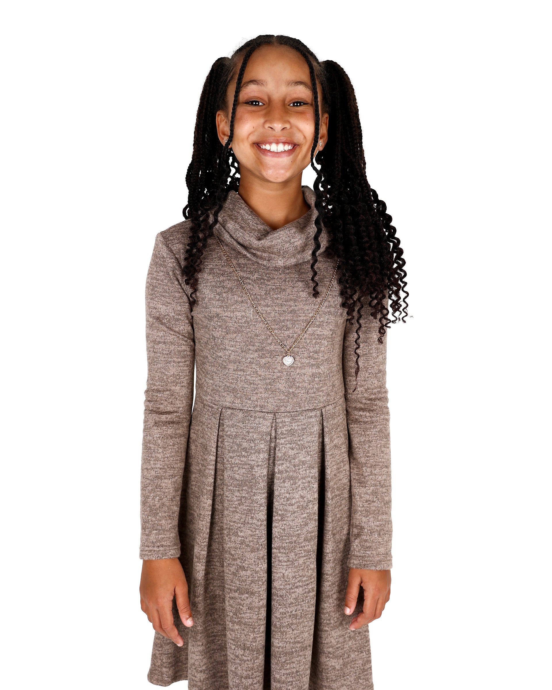 Long Sleeve Cowl Neck Pleated Knit Dress