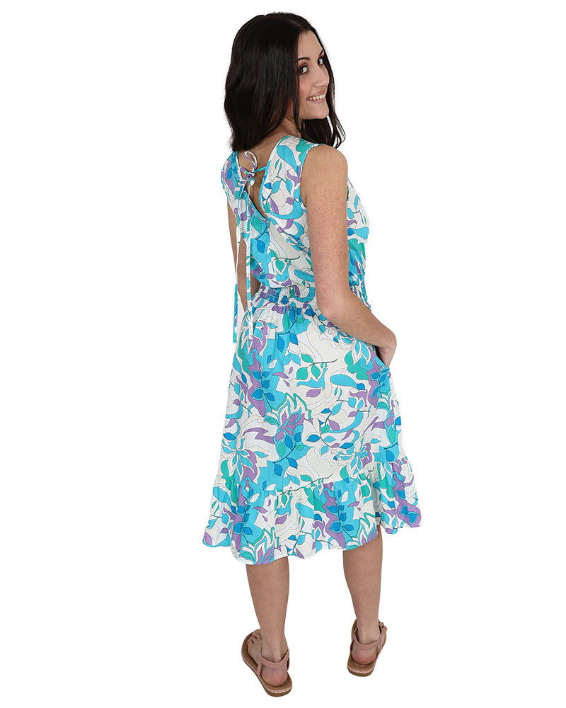 Sleeveless Aqua Leaf Print Smocked Waist Dress