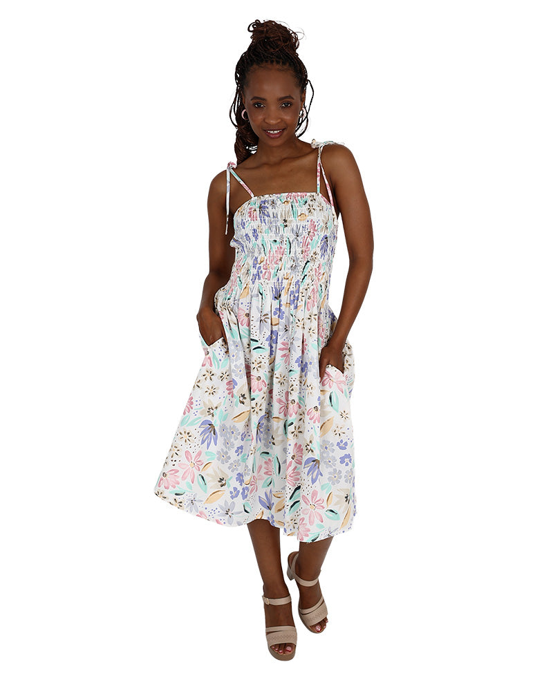 Strappy Pastel Floral Print Smocked Knee Length Dress