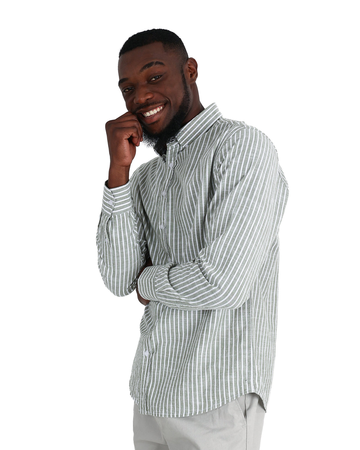 Long Sleeve Sage Slub Yarn Dyed Cotton Stripe Shirt
