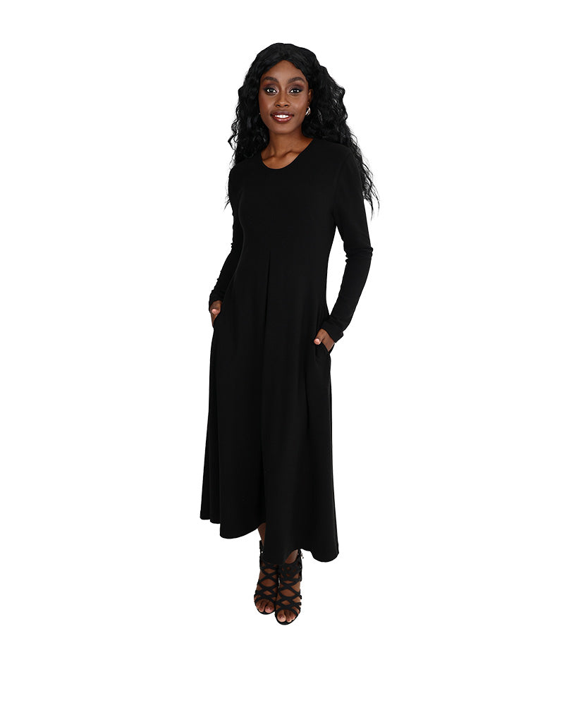 Long Sleeve Black Inverted Front Pleat Maxi Dress