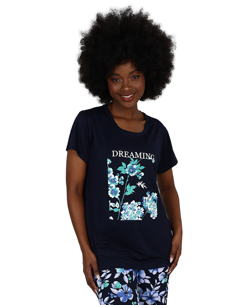 Short Sleeve Navy Floral Capri Pajyma Sets
