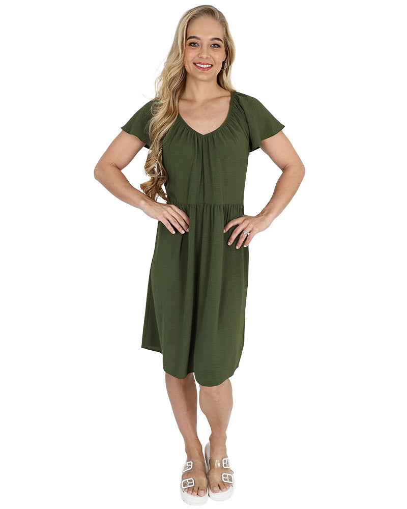 Olive Flutter Sleeve Knee Length Dress