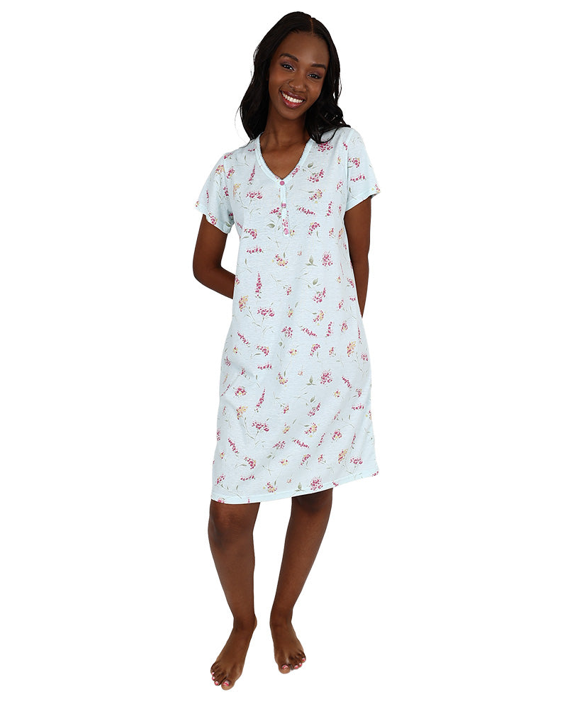 Short Sleeve Pink Ditsy Floral Henley Nightie