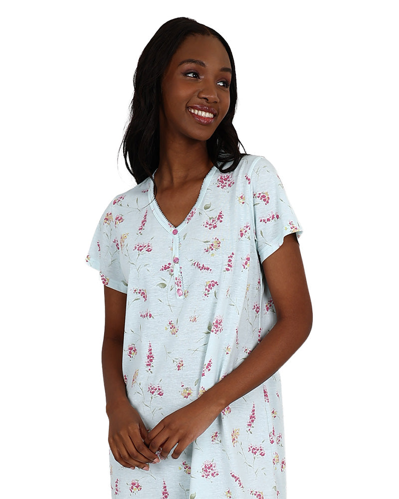 Short Sleeve Pink Ditsy Floral Henley Nightie