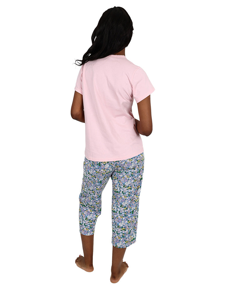 Short Sleeve "Beautiful" Pink Floral Capri Pyjama Set