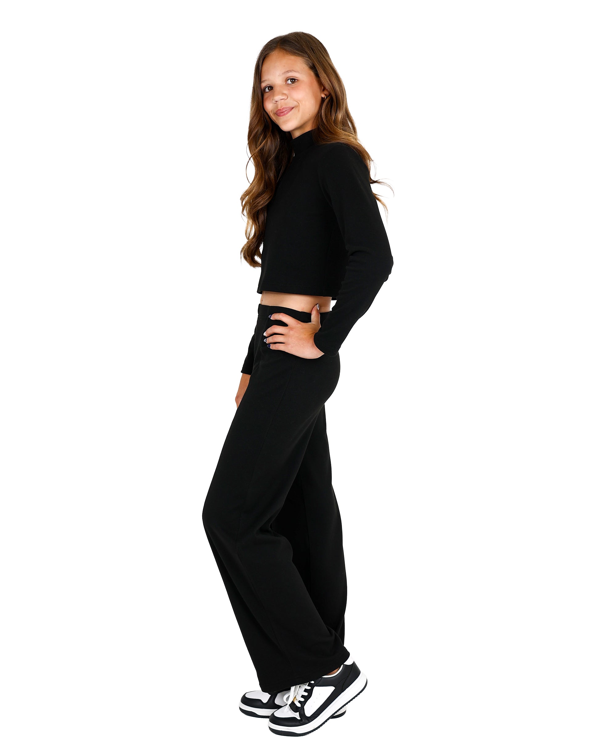 Black Double Brushed Wide Leg Panelled Leggings