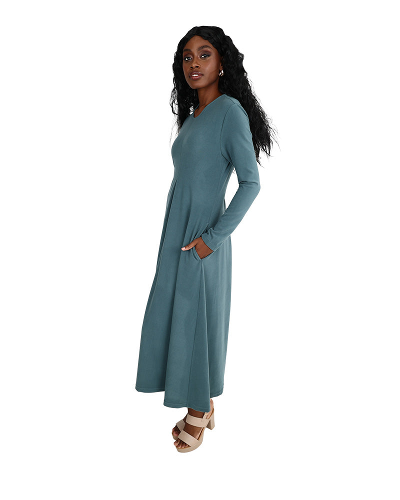 Long Sleeve Teal Inverted front Pleat Maxi Dress