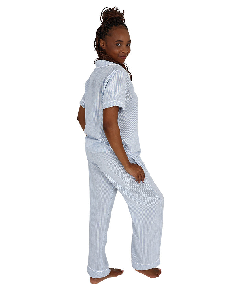 Short Sleeve Blue Stripe Button Up Pyjama Set