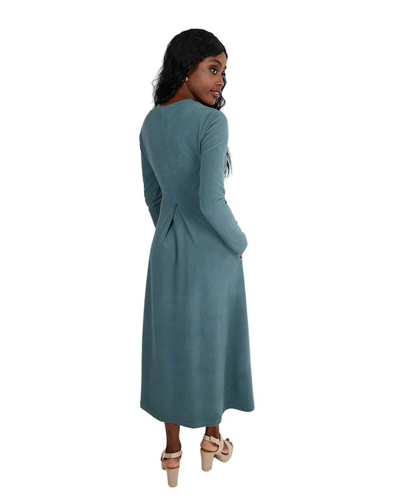 Long Sleeve Teal Inverted front Pleat Maxi Dress