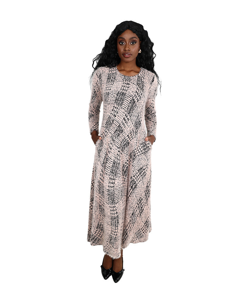 Long Sleeve Printed French Knit Midi Dress