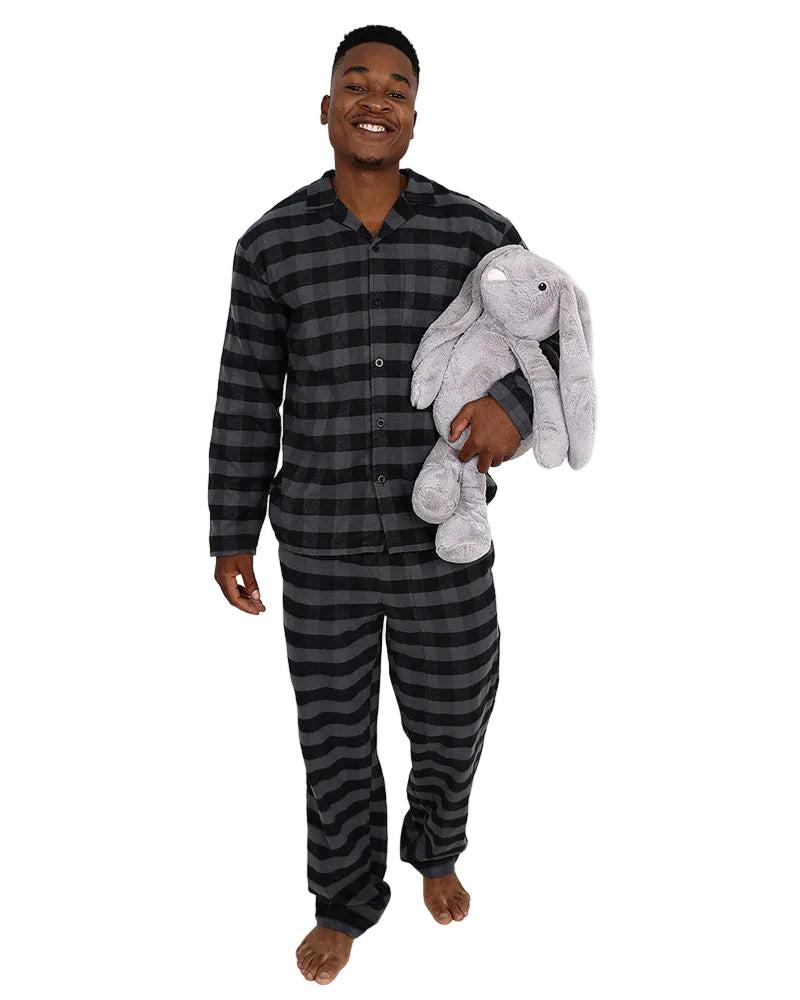 Long Sleeve Black & Grey Check Flannel Long Pyjama Set