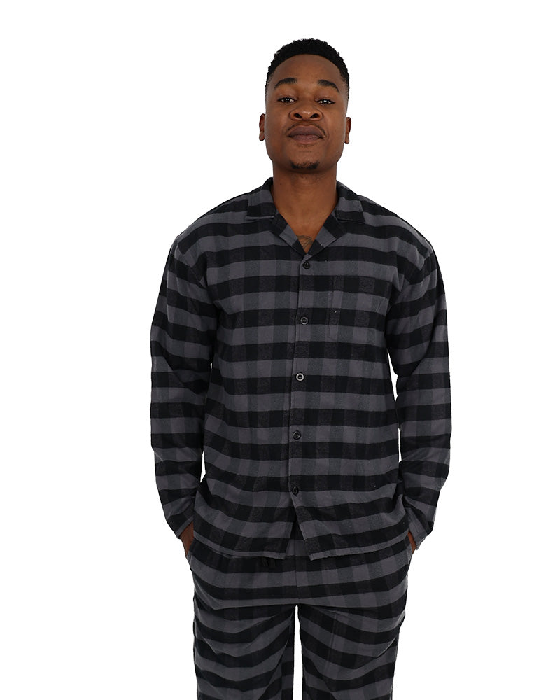 Long Sleeve Black & Grey Check Flannel Long Pyjama Set