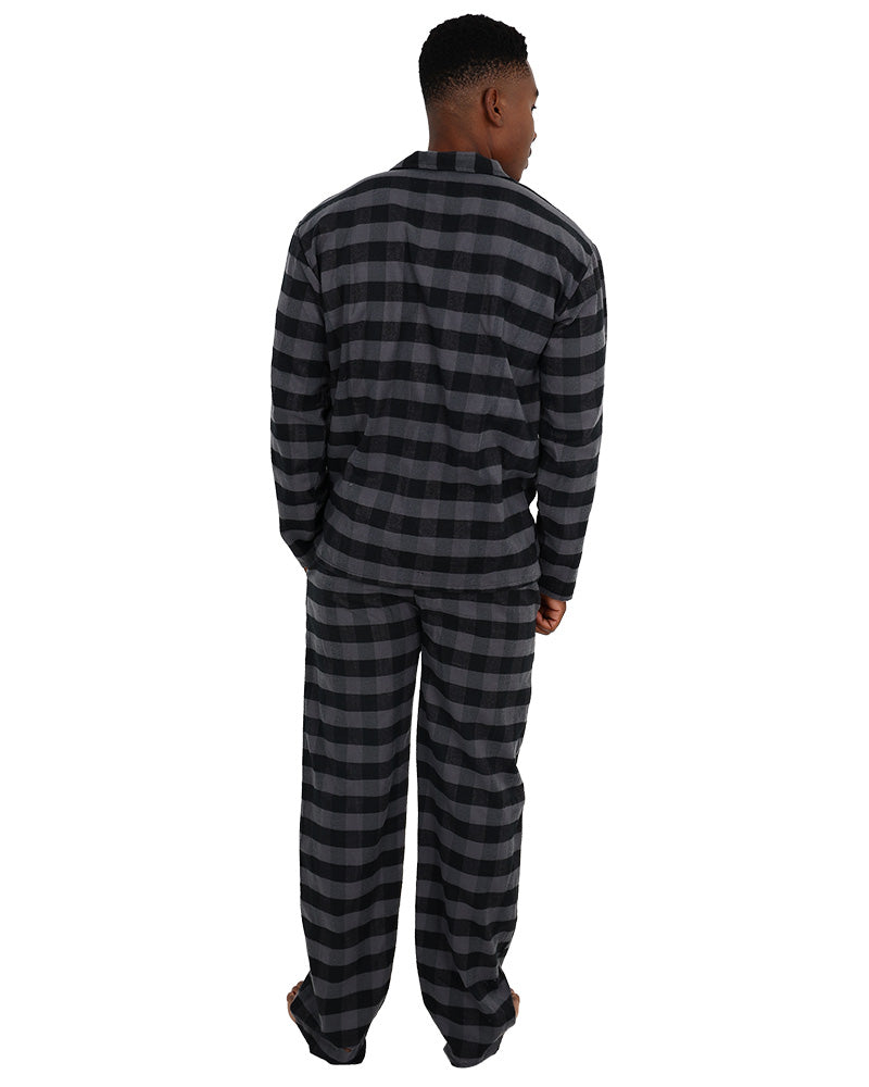 Long Sleeve Black & Grey Check Flannel Long Pyjama Set