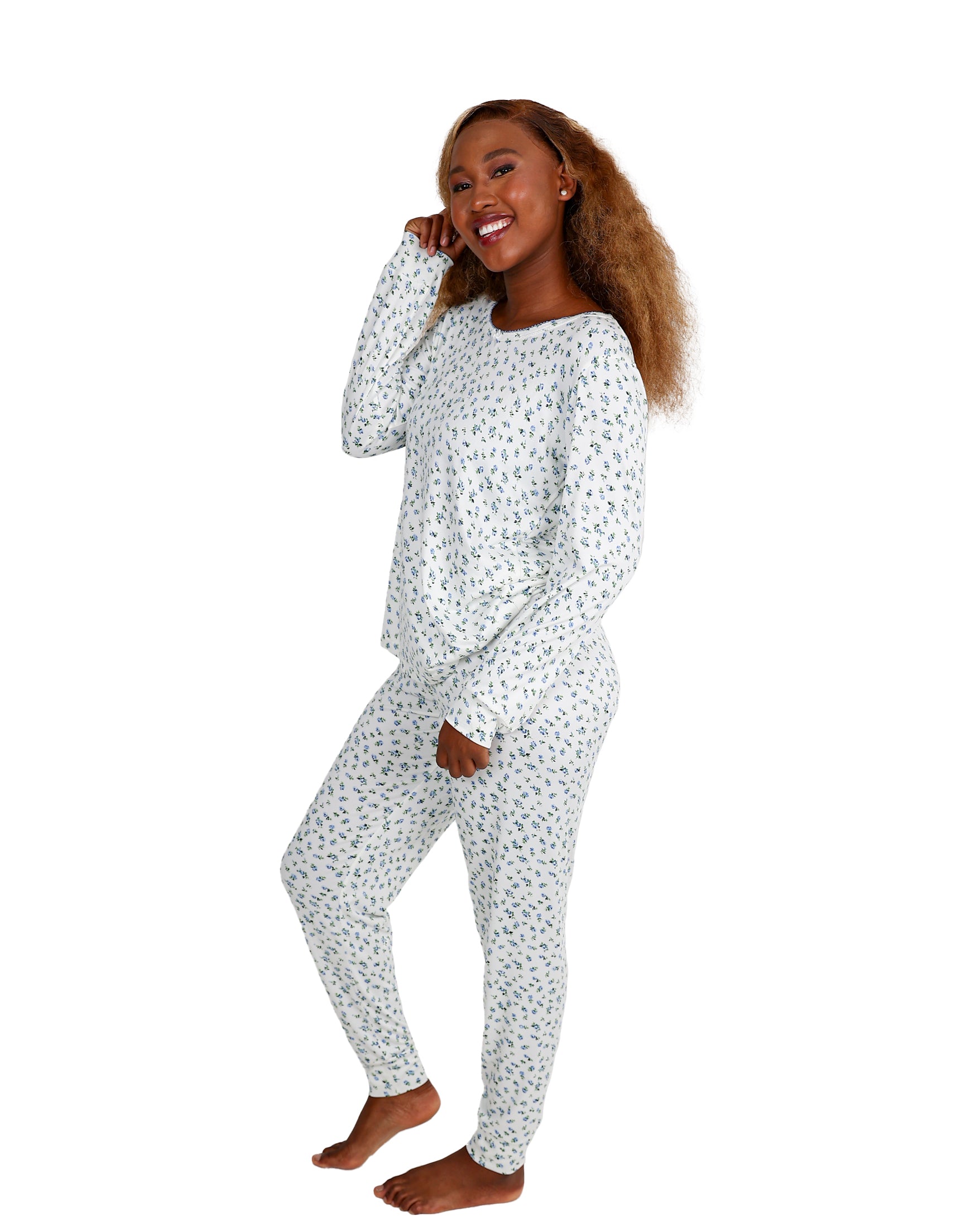 Long Sleeve Blue Ditsy Floral Pajama Set