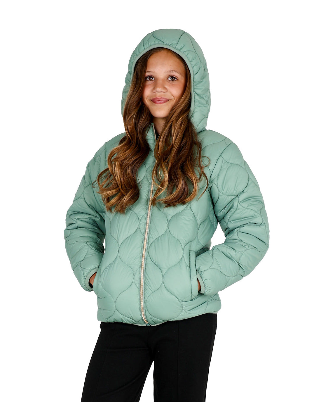 Sage Quilted Hooded Zip Up Puffer Jacket