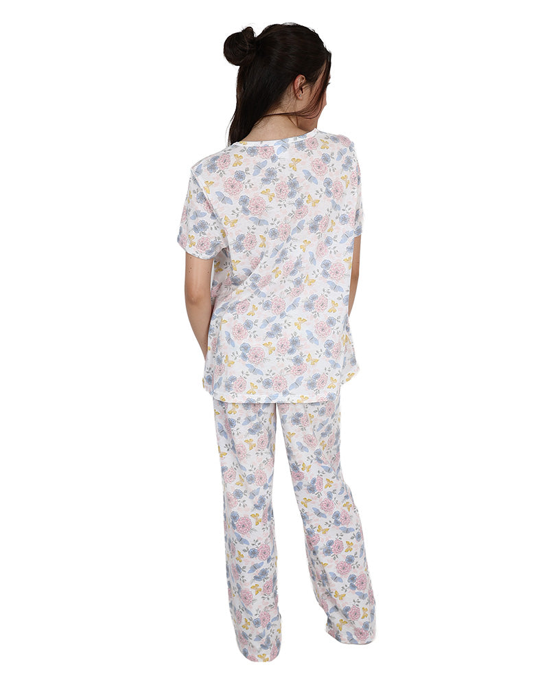 Short Sleeve Lilac Floral Long Pyjama Set