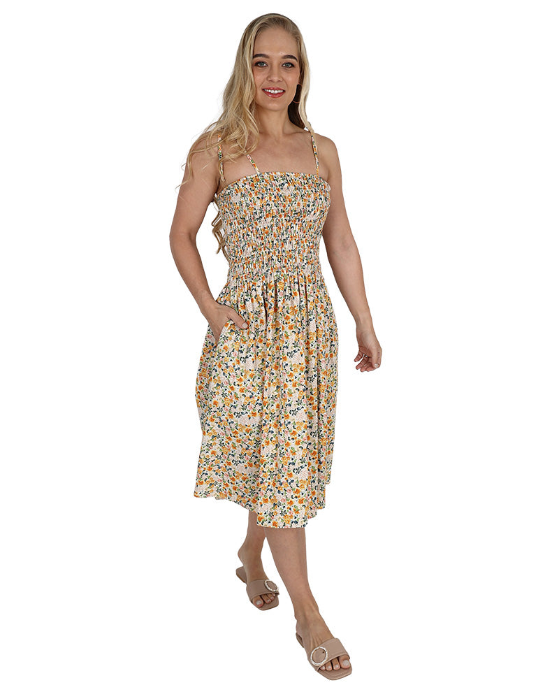 Strappy Yellow Floral Print Smocked Knee Length Dress