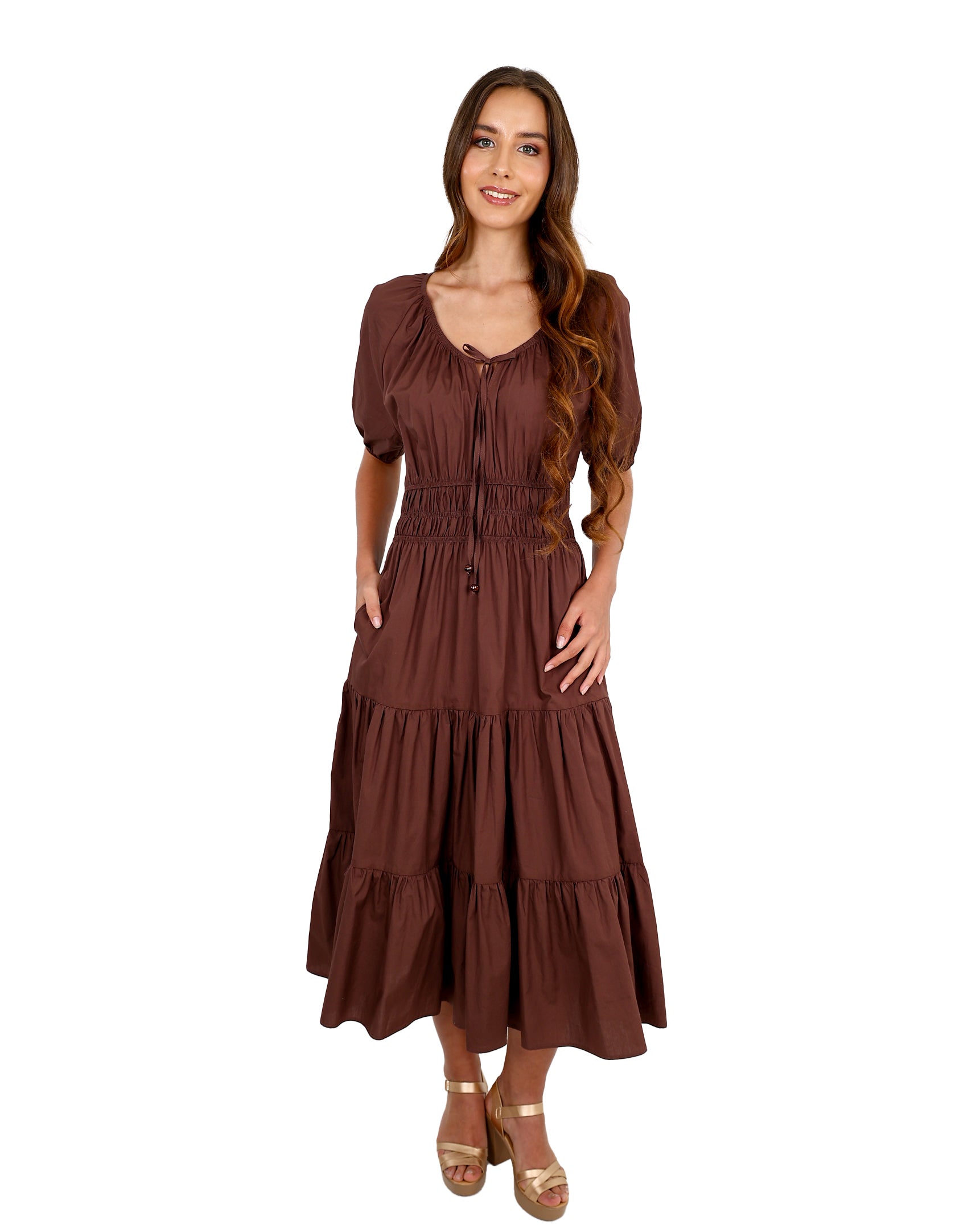 Tahlia Ruched Waist Tiered Cotton Midi Dress