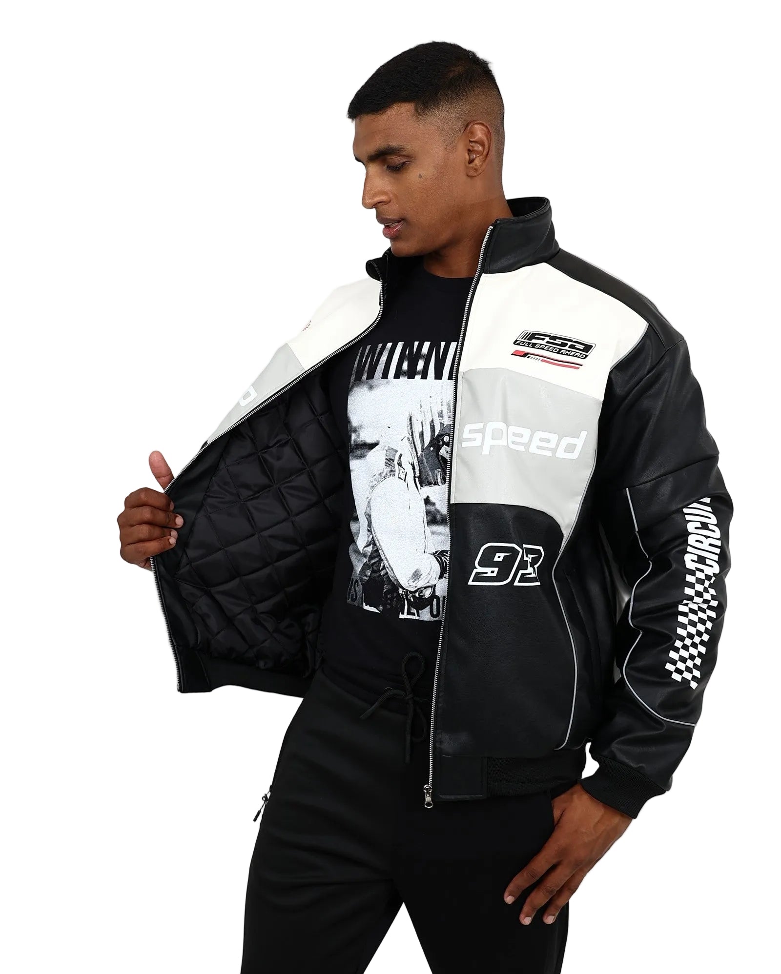 Black & Grey PU Racing Bomber Jacket