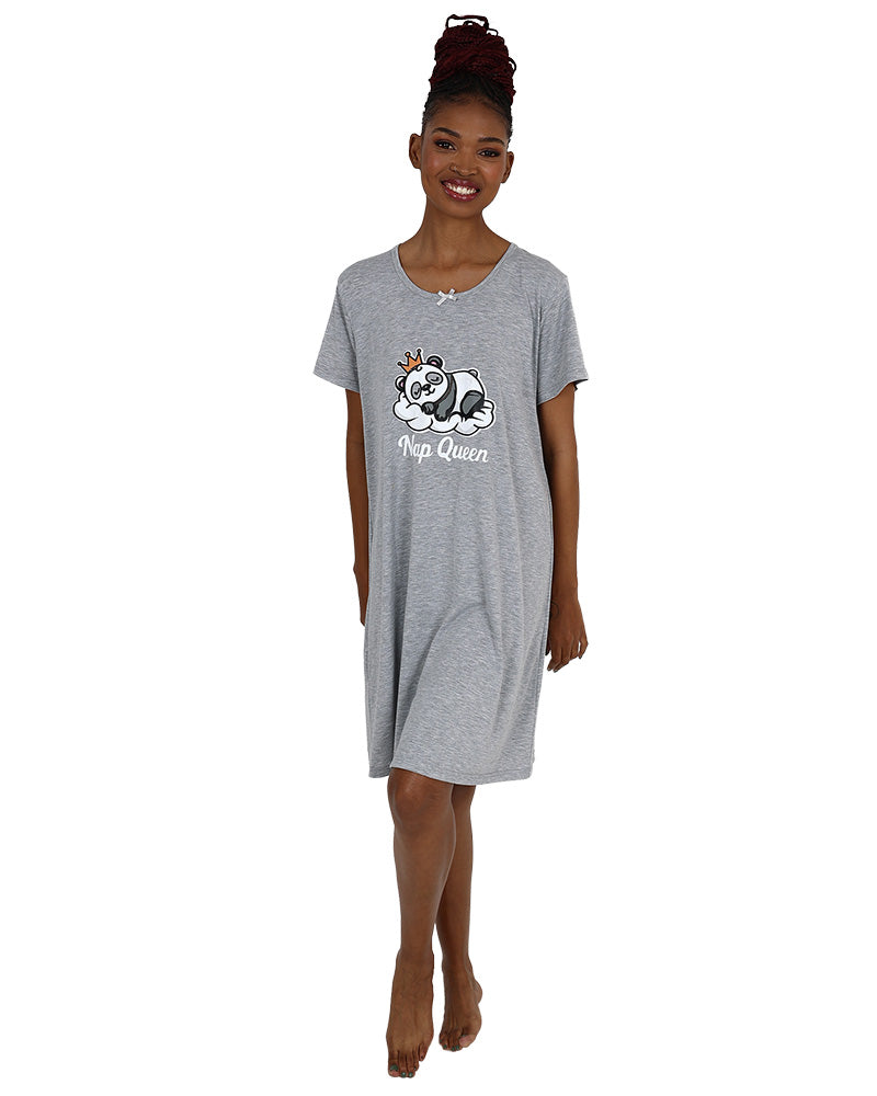 Short Sleeve Grey Panda Graphic Cotton Sleepshirt